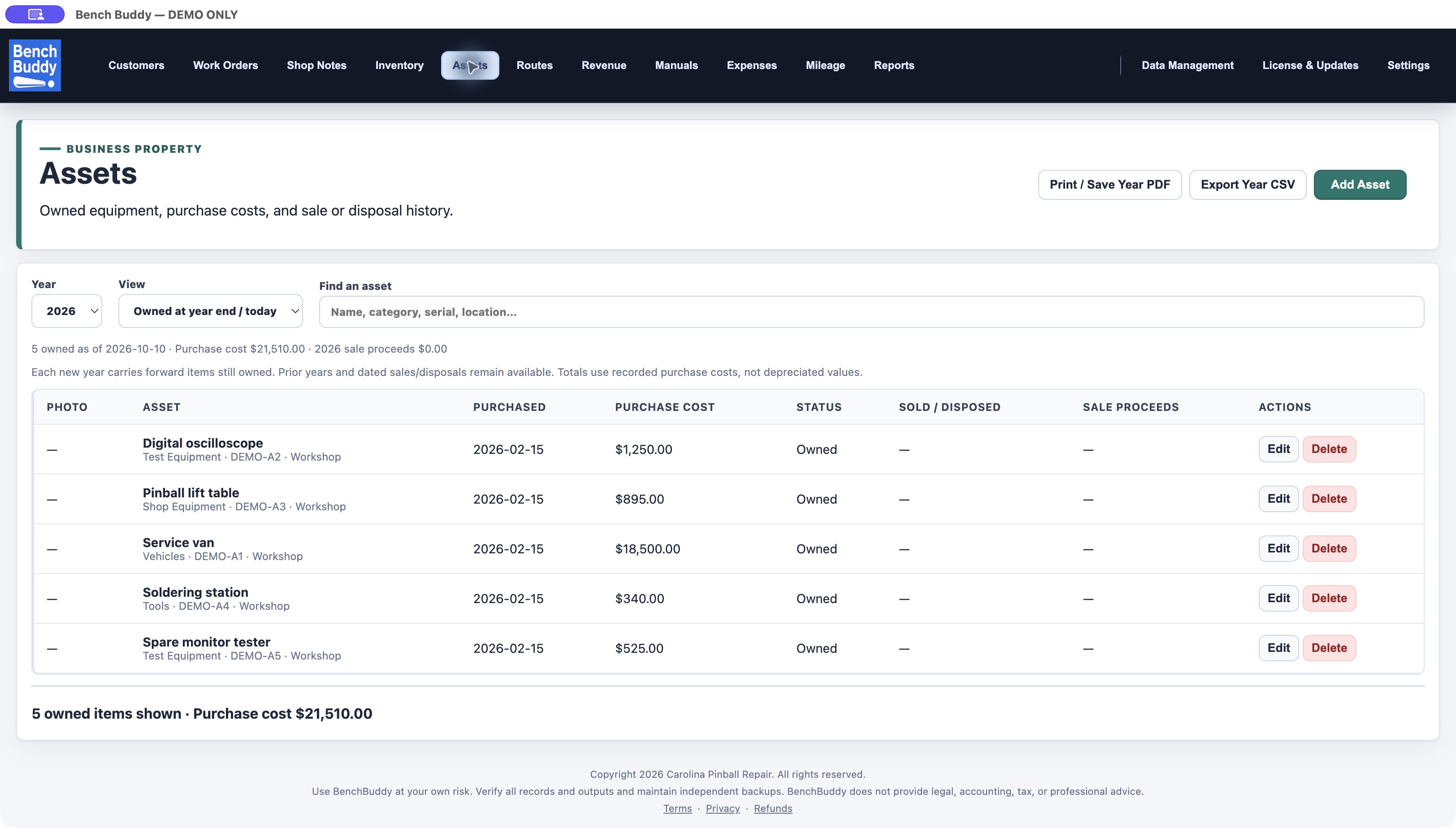 BenchBuddy Assets showing fictional shop equipment, purchase dates, costs, serial numbers, and yearly ownership totals.