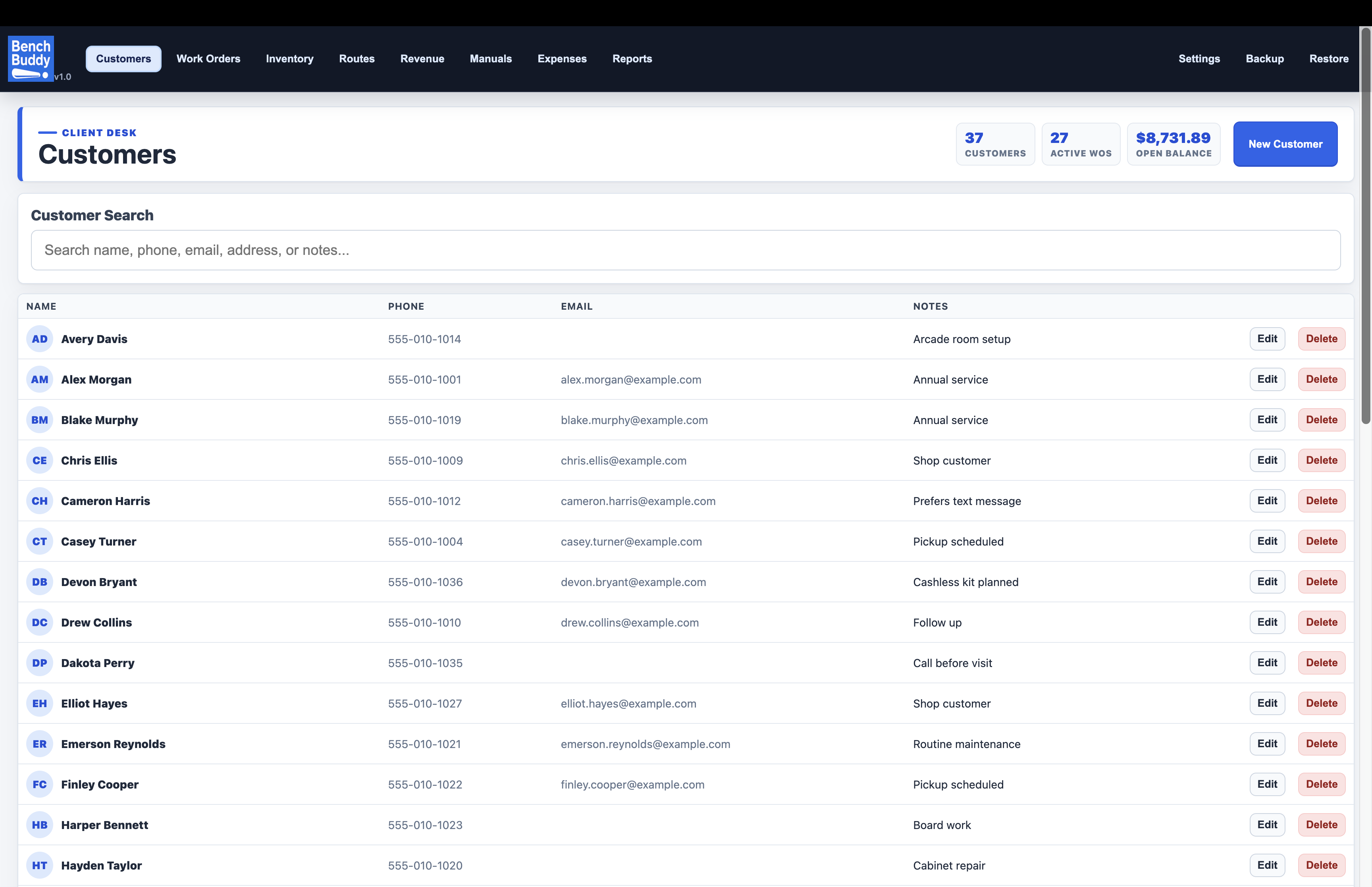 BenchBuddy customers list with search, phone, email, notes, active work orders, and open balance summary.