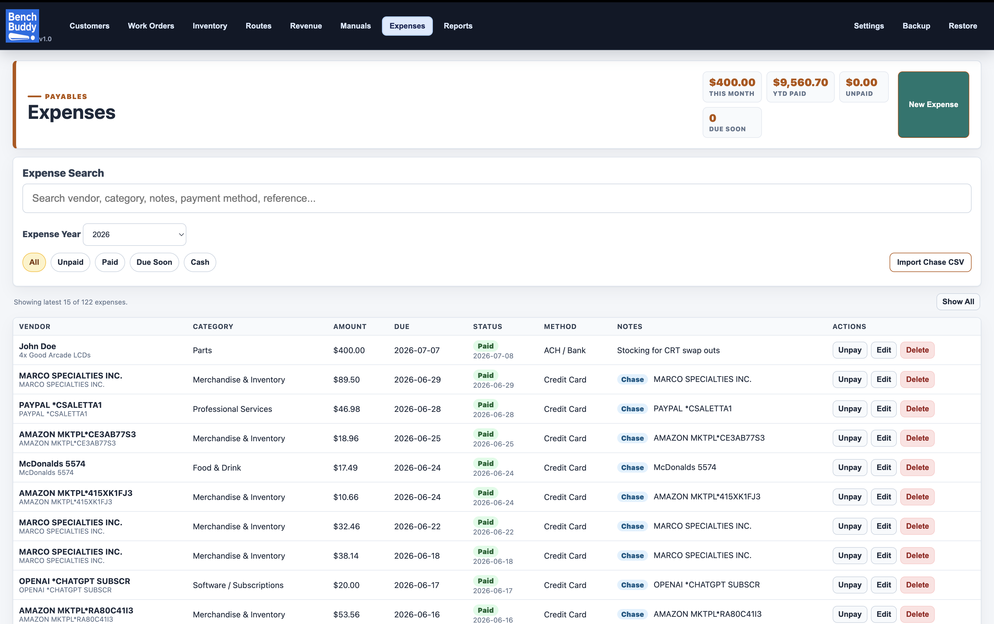 BenchBuddy expenses screen with vendor, category, amount, due date, payment status, method, notes, and yearly totals.
