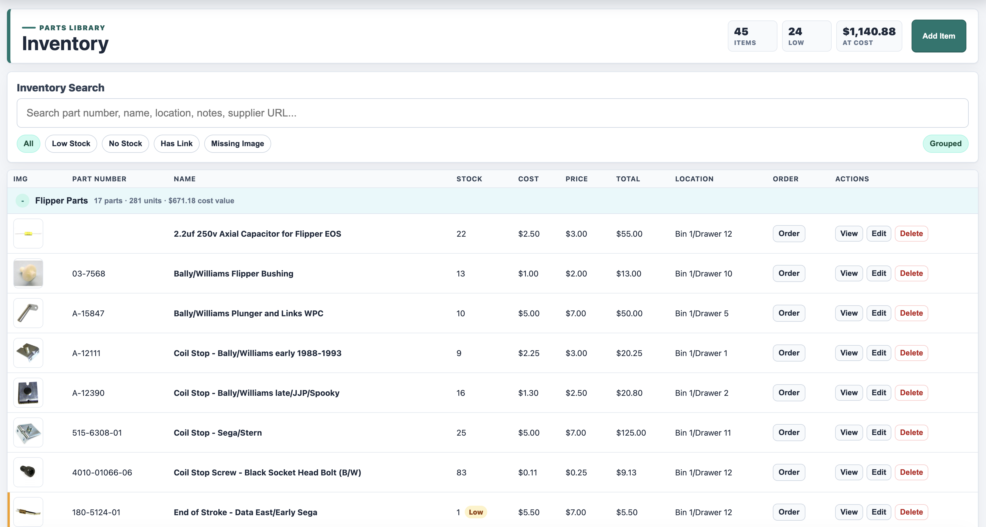 BenchBuddy inventory screen with grouped parts, stock levels, costs, prices, storage locations, and low-stock indicators.
