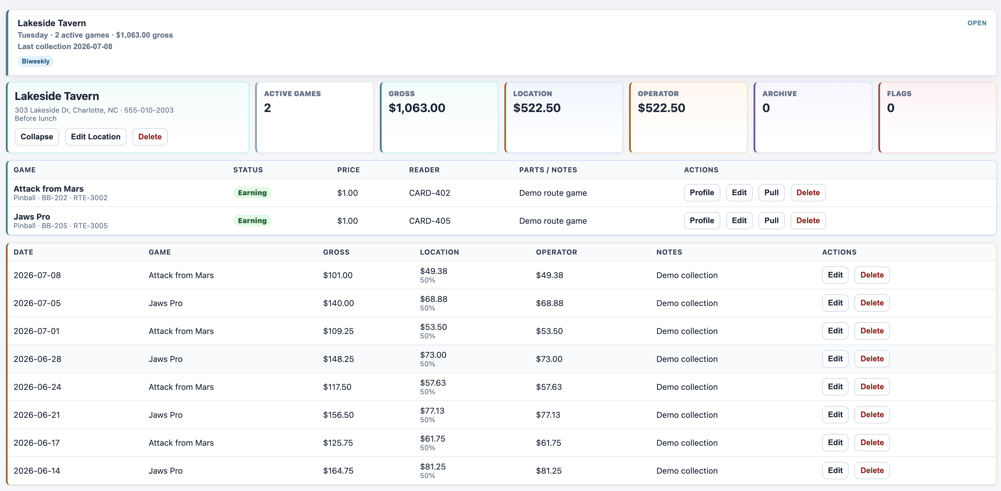 BenchBuddy route location detail with active games, collection logs, split totals, readers, and route game actions.