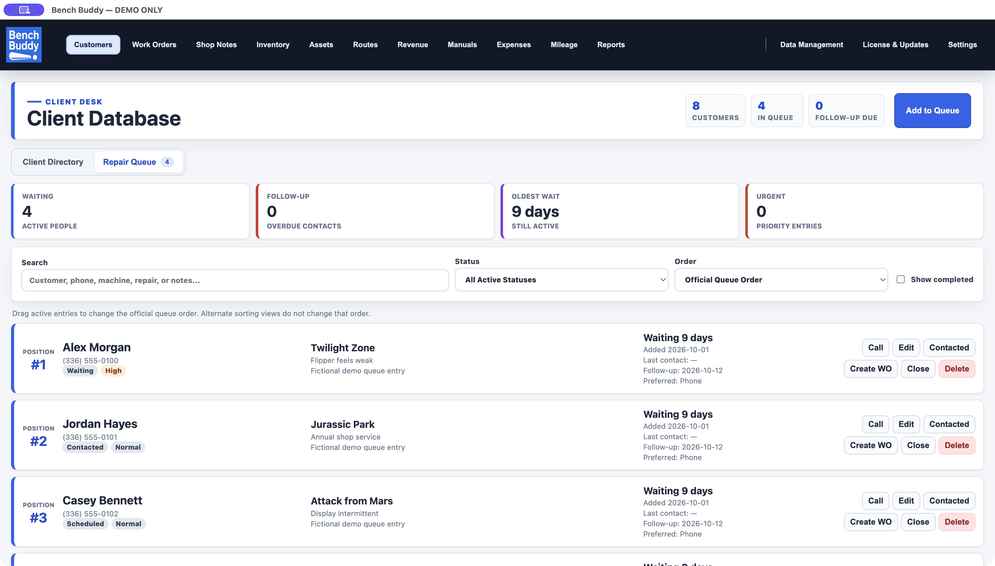 BenchBuddy repair queue with fictional customers, machines, priorities, waiting time, and follow-up dates.