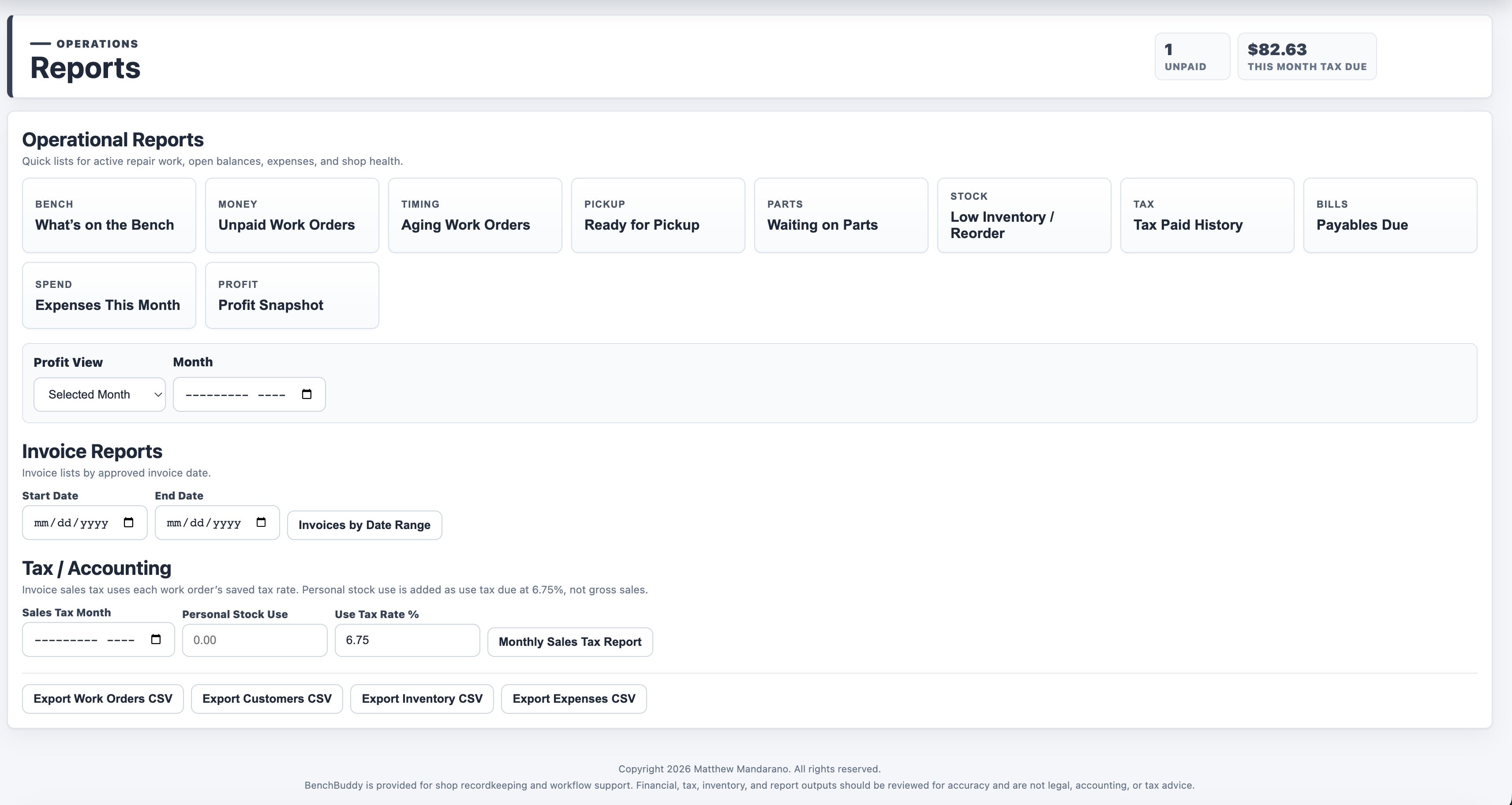 BenchBuddy reports screen with operational reports, invoice reports, tax reports, and CSV exports.