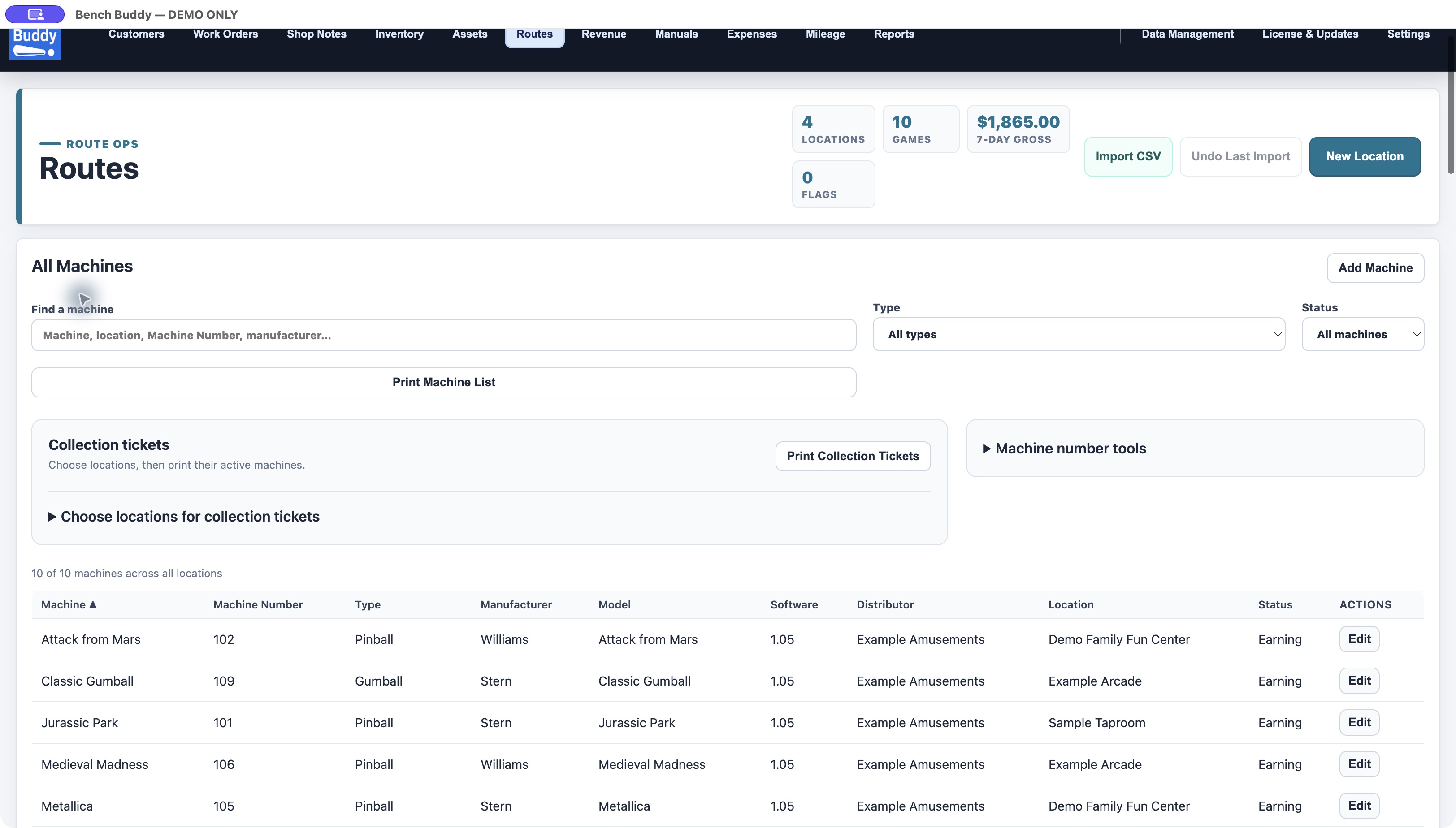 BenchBuddy machine list with machine numbers, equipment types, manufacturers, model and software details, and location filters.