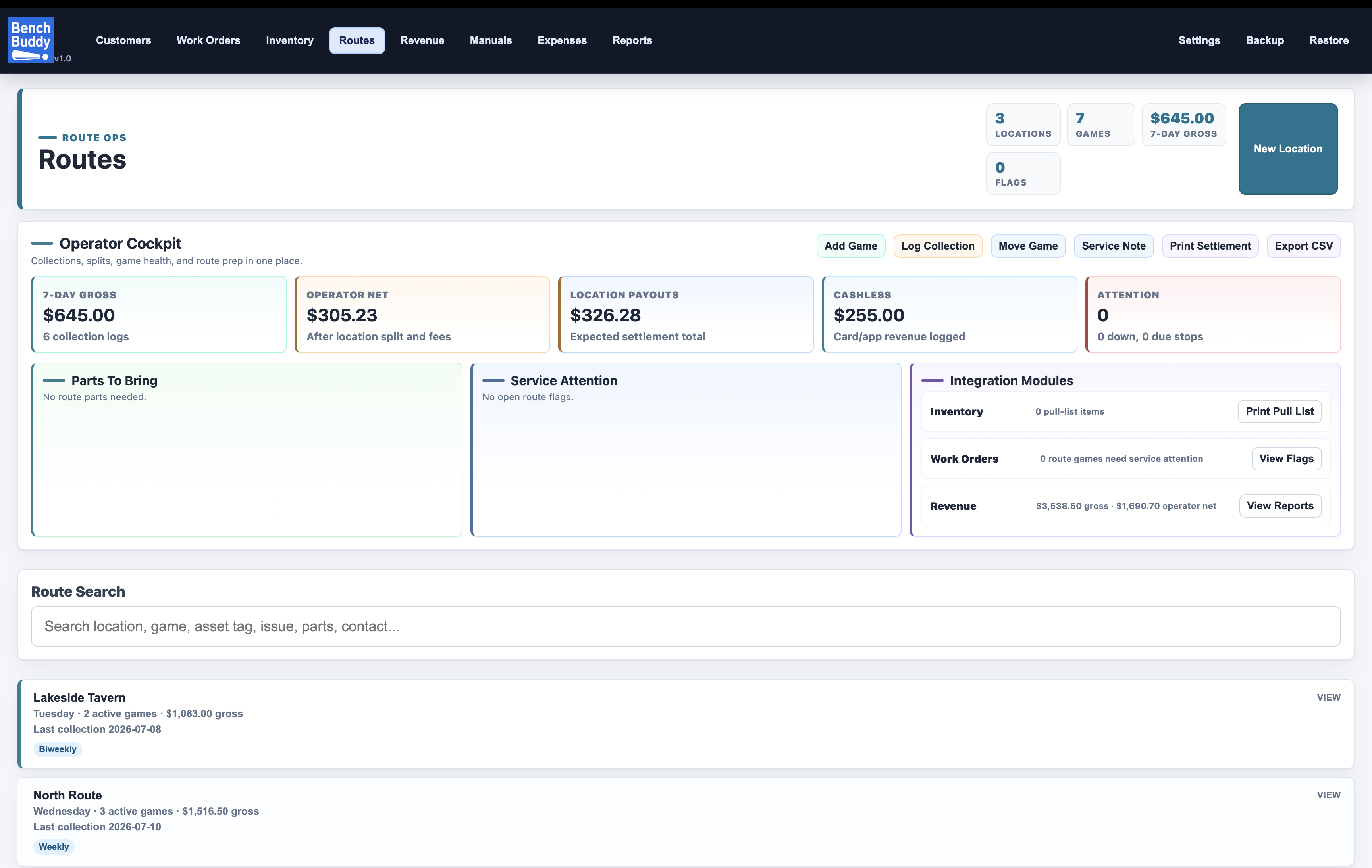 BenchBuddy routes dashboard showing locations, games, seven-day gross, collections, and route modules.