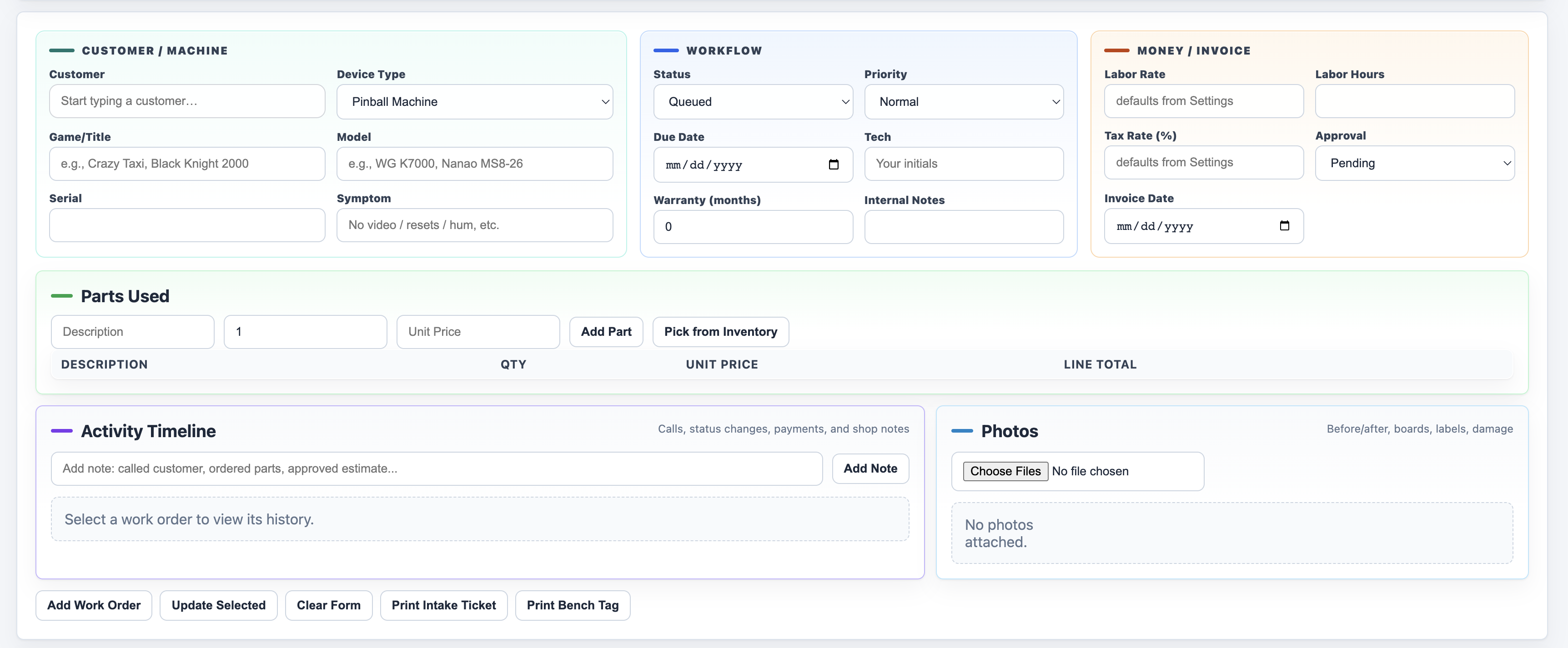 BenchBuddy work order form with customer, machine, workflow, invoice, parts, notes, and photos panels.
