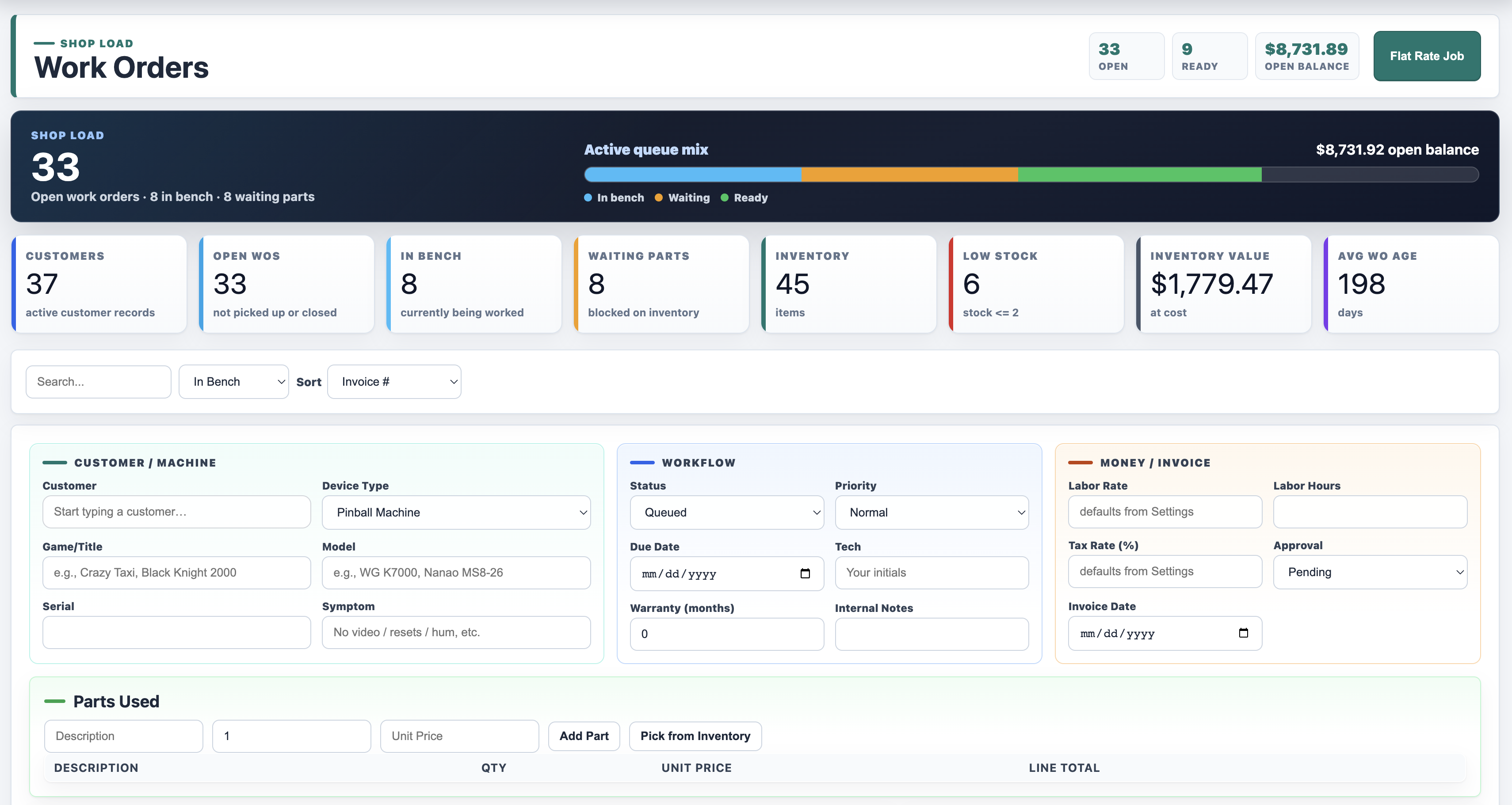 BenchBuddy work orders dashboard showing shop load, queue mix, work order form, inventory summary, and open balance.